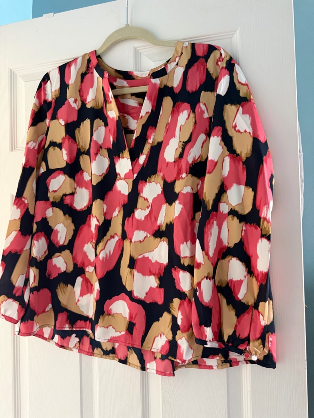 J. Crew Navy Blouse with Coral, Cream & Tan Abstract Print